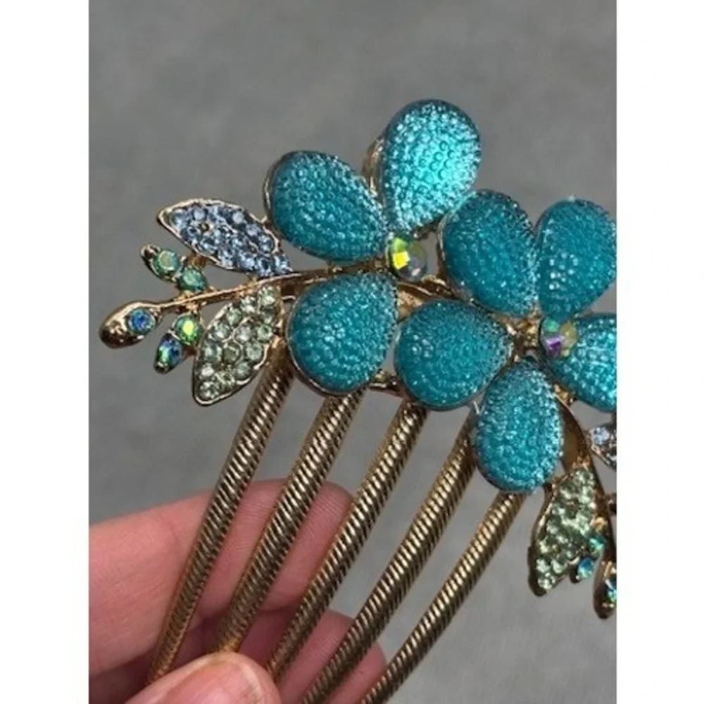 Gold Tone Turquoise Floral Rhinestone Hair Comb Crystal Leaf Bridal‎ Accessory